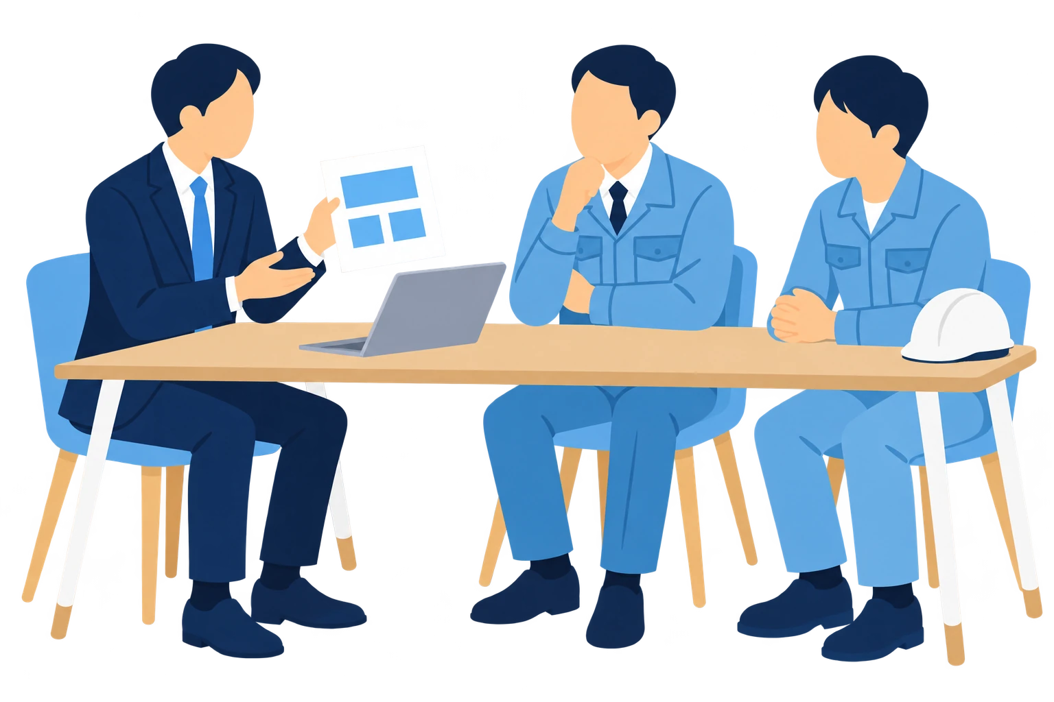 現場の仕事内容を聞きながら、求人原稿や採用ページを相談するイラスト